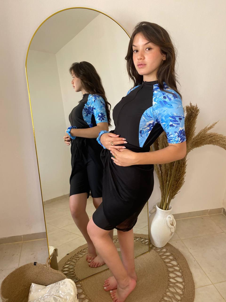 burkini jasemine black flower demi manches