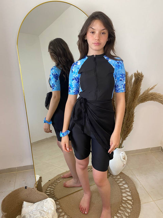 burkini jasemine black flower demi manches