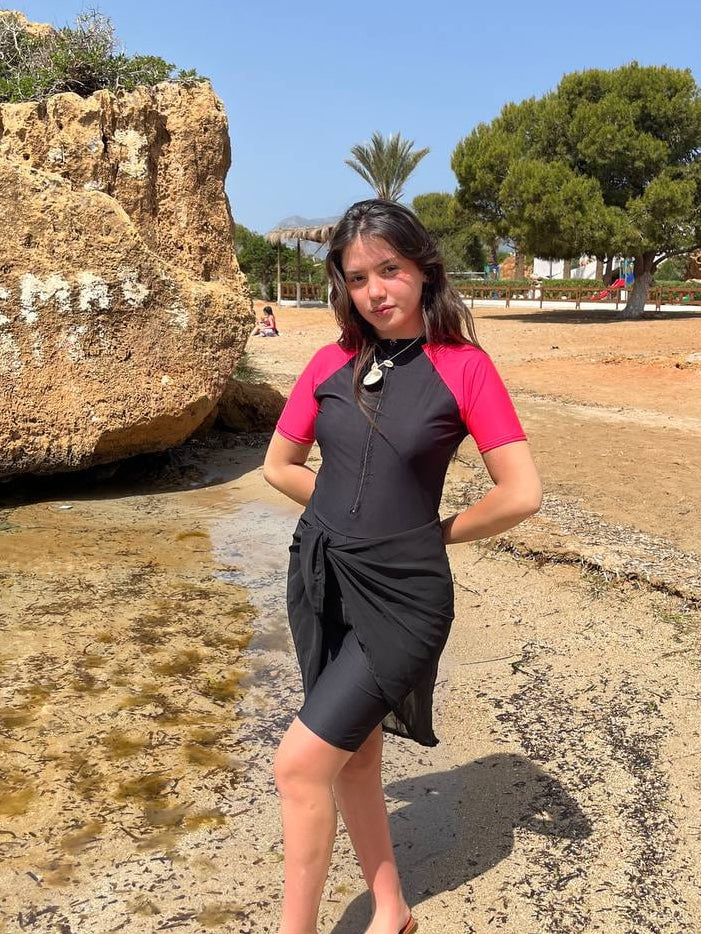 burkini pink splash + pareo foulard noir