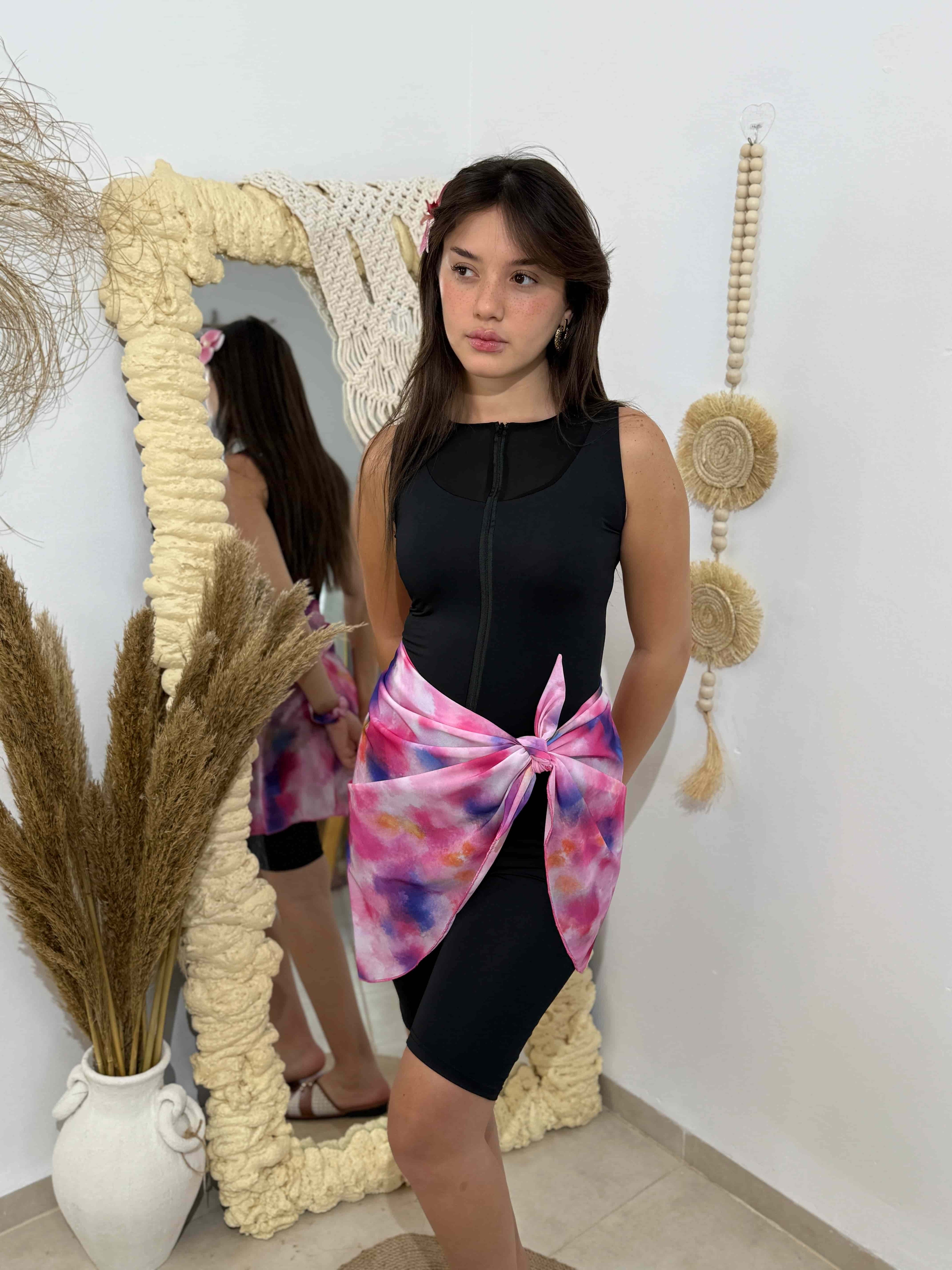 Burkini noir sans manches + pareo rose