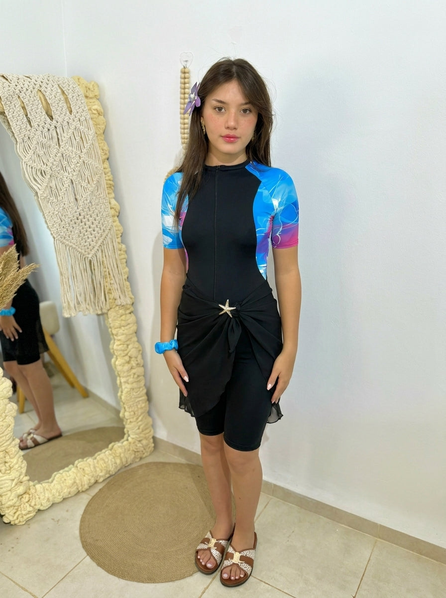 burkini bleu sky demi manches + pareo noir
