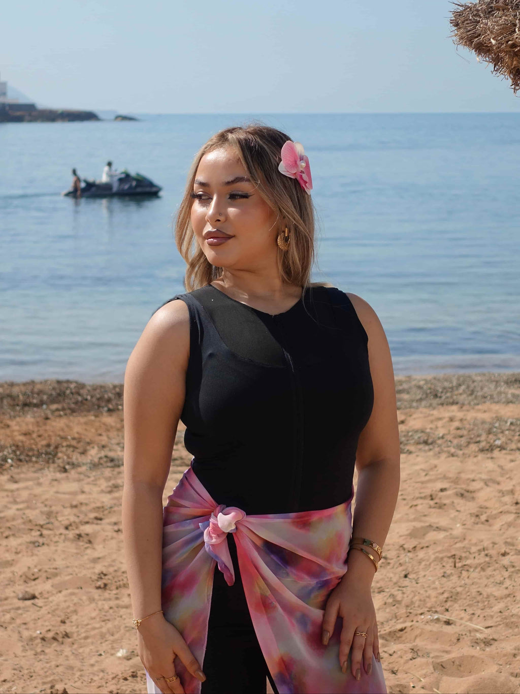 Burkini noir sans manches + pareo rose