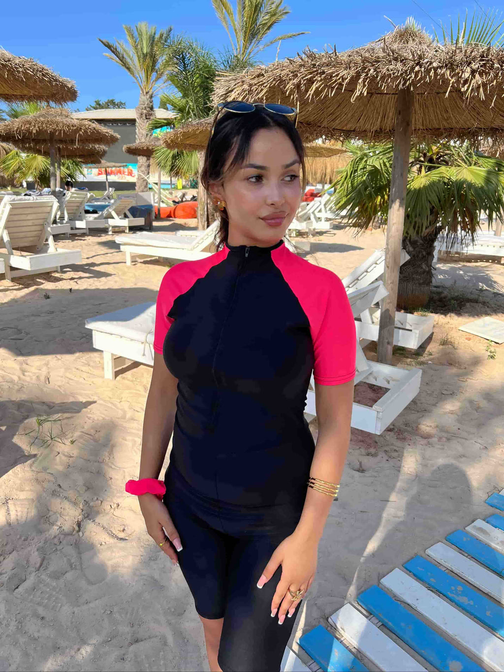 burkini pink splash + pareo foulard noir