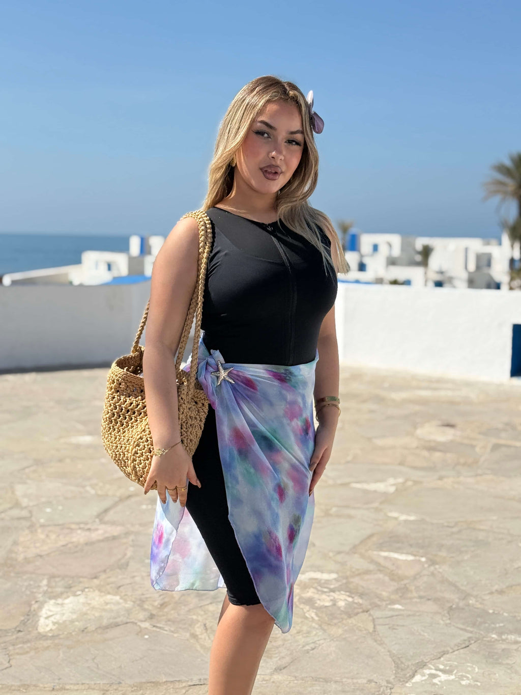 Burkini noir sans manches + pareo bleu