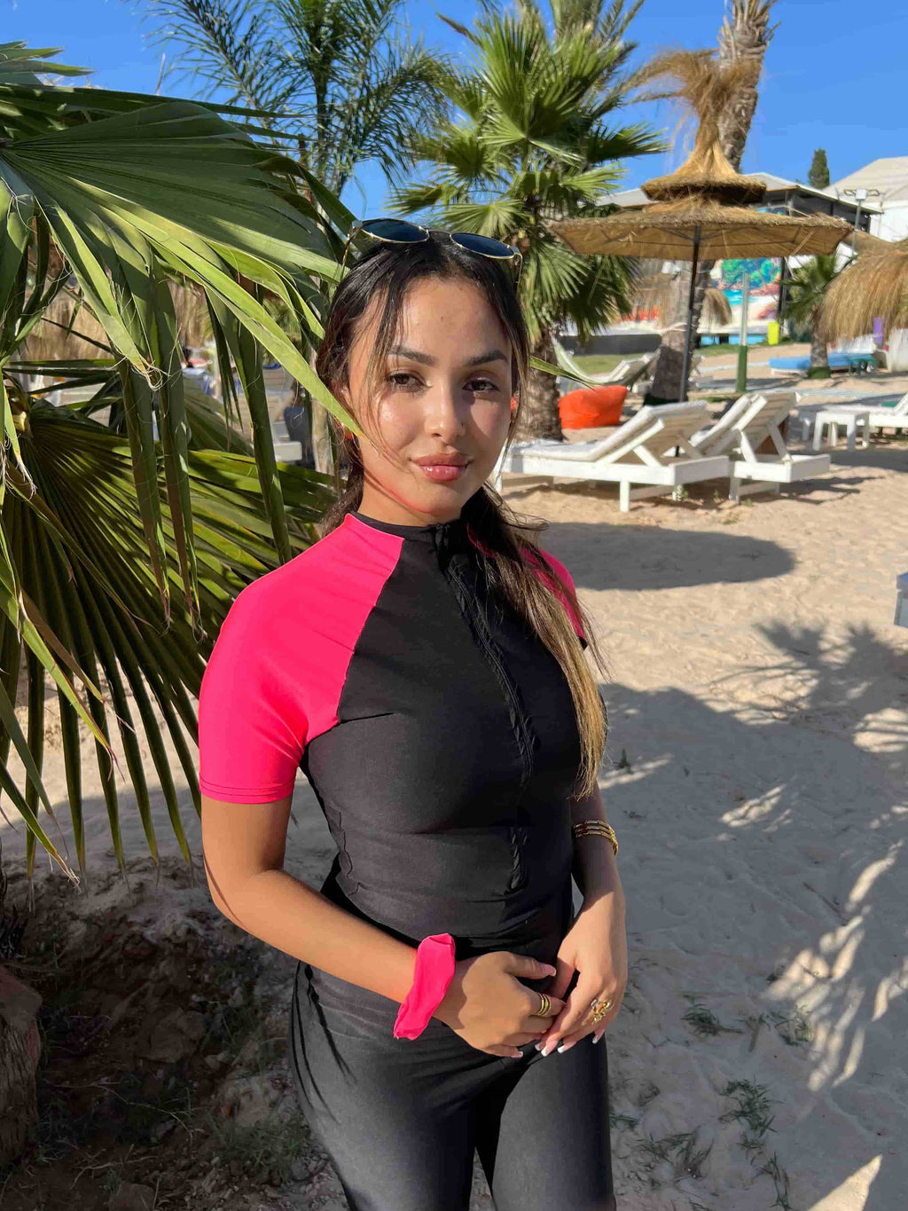 burkini pink splash + pareo foulard noir