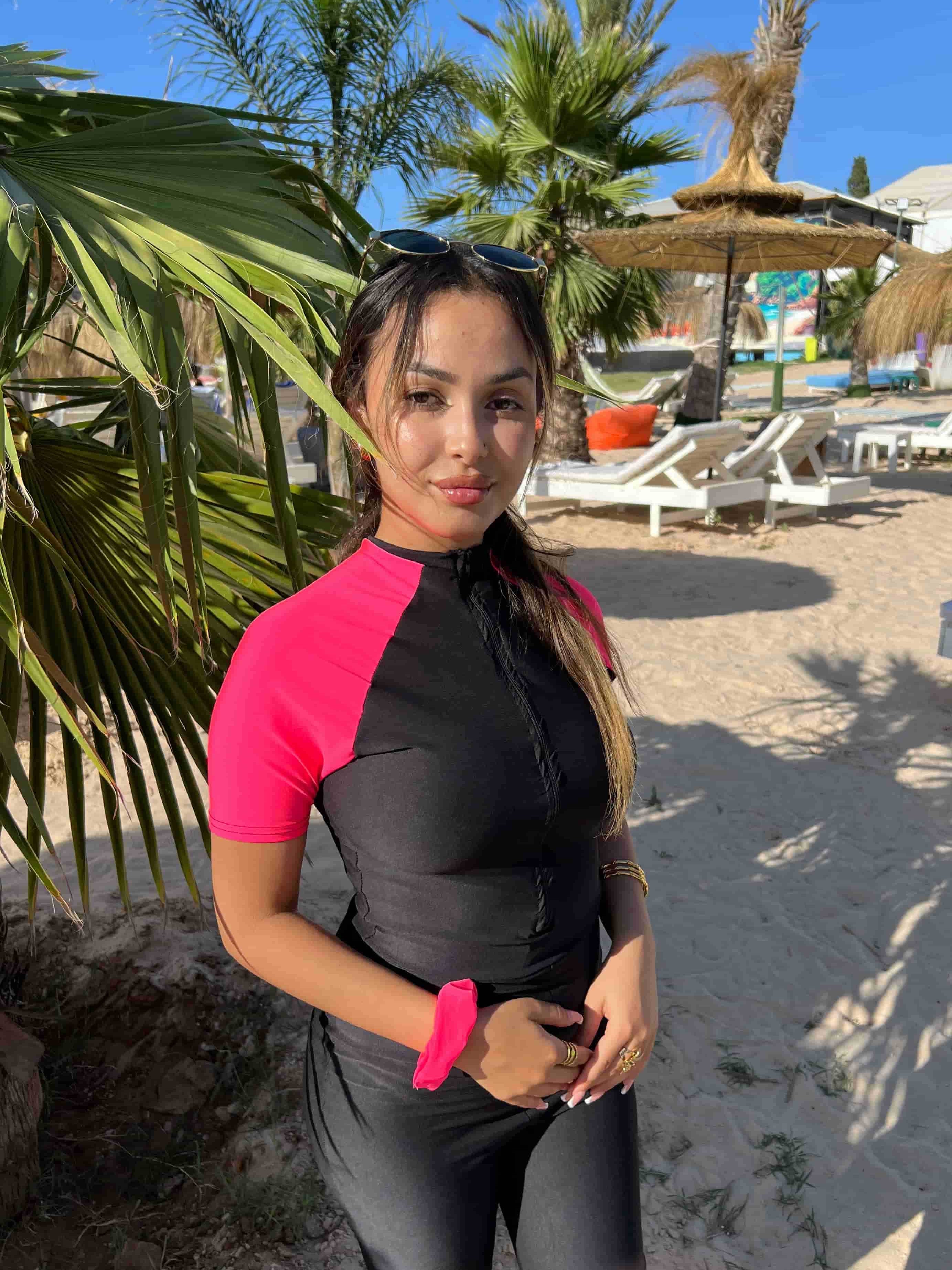 burkini pink splash + pareo foulard noir