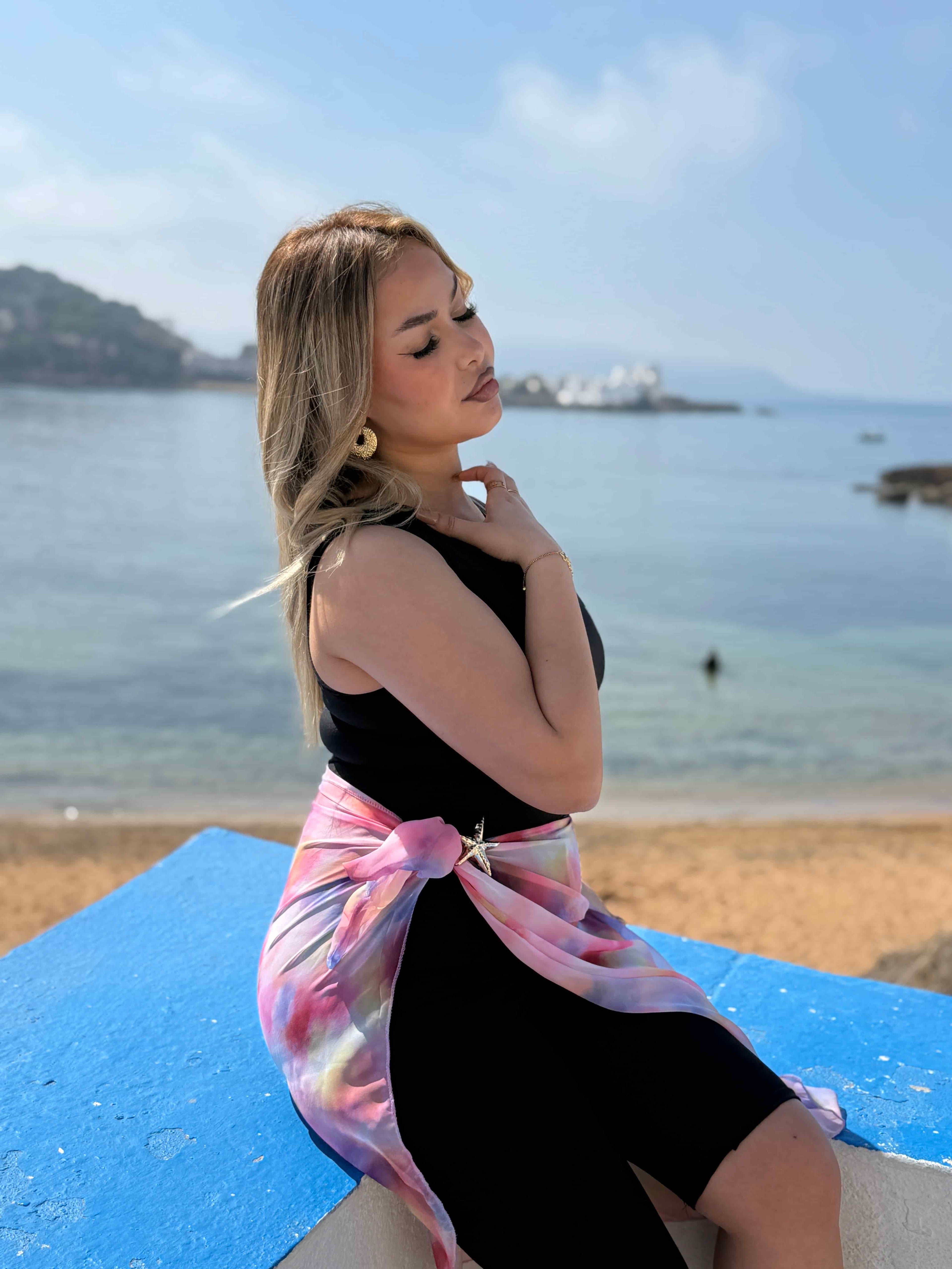 Burkini noir sans manches + pareo rose