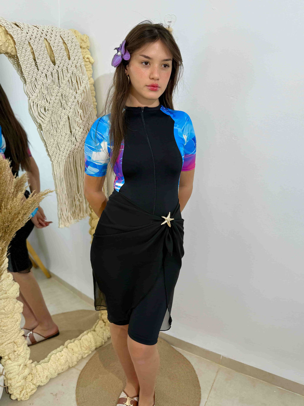burkini bleu sky demi manches + pareo noir