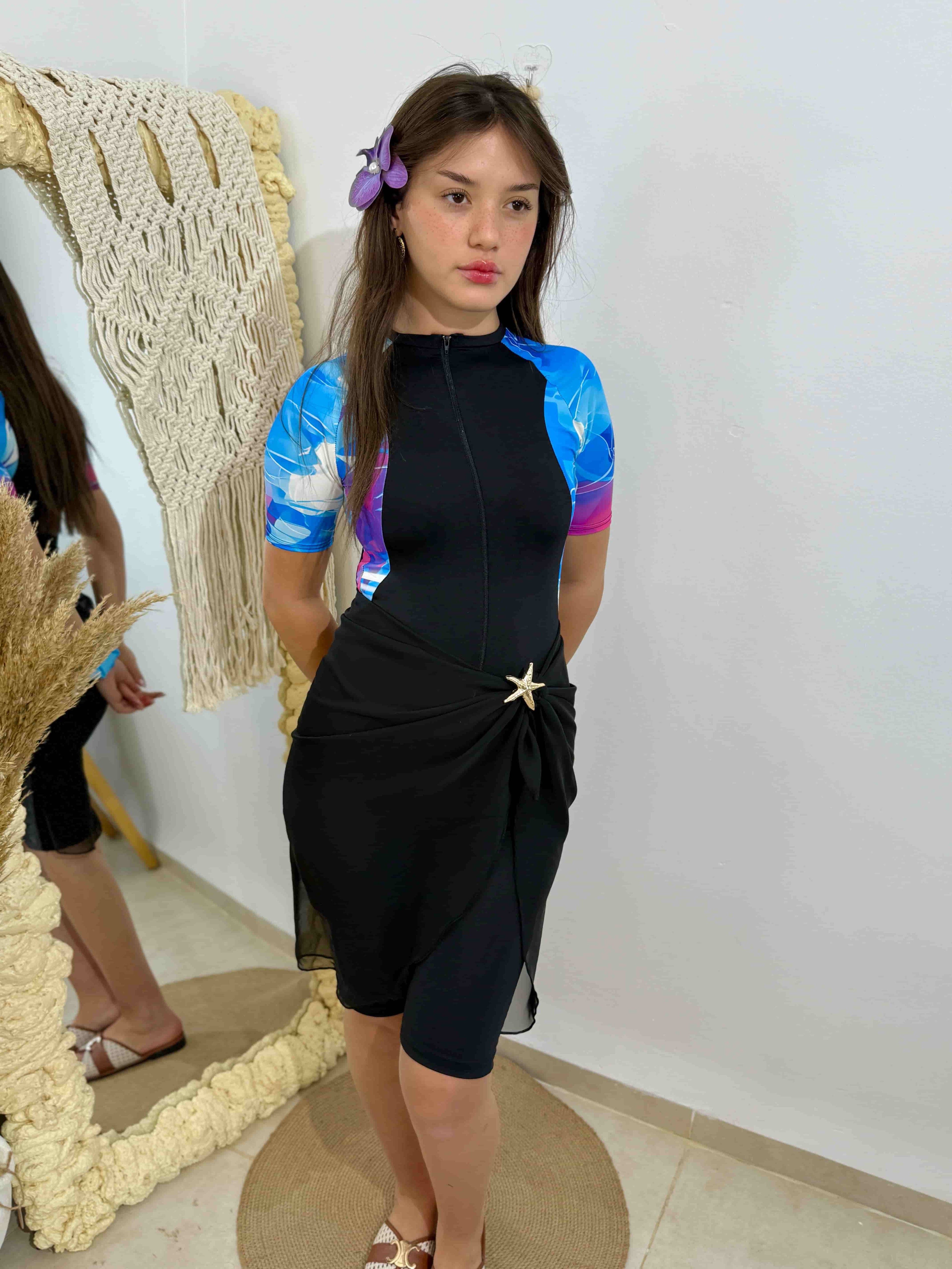 burkini bleu sky demi manches + pareo noir