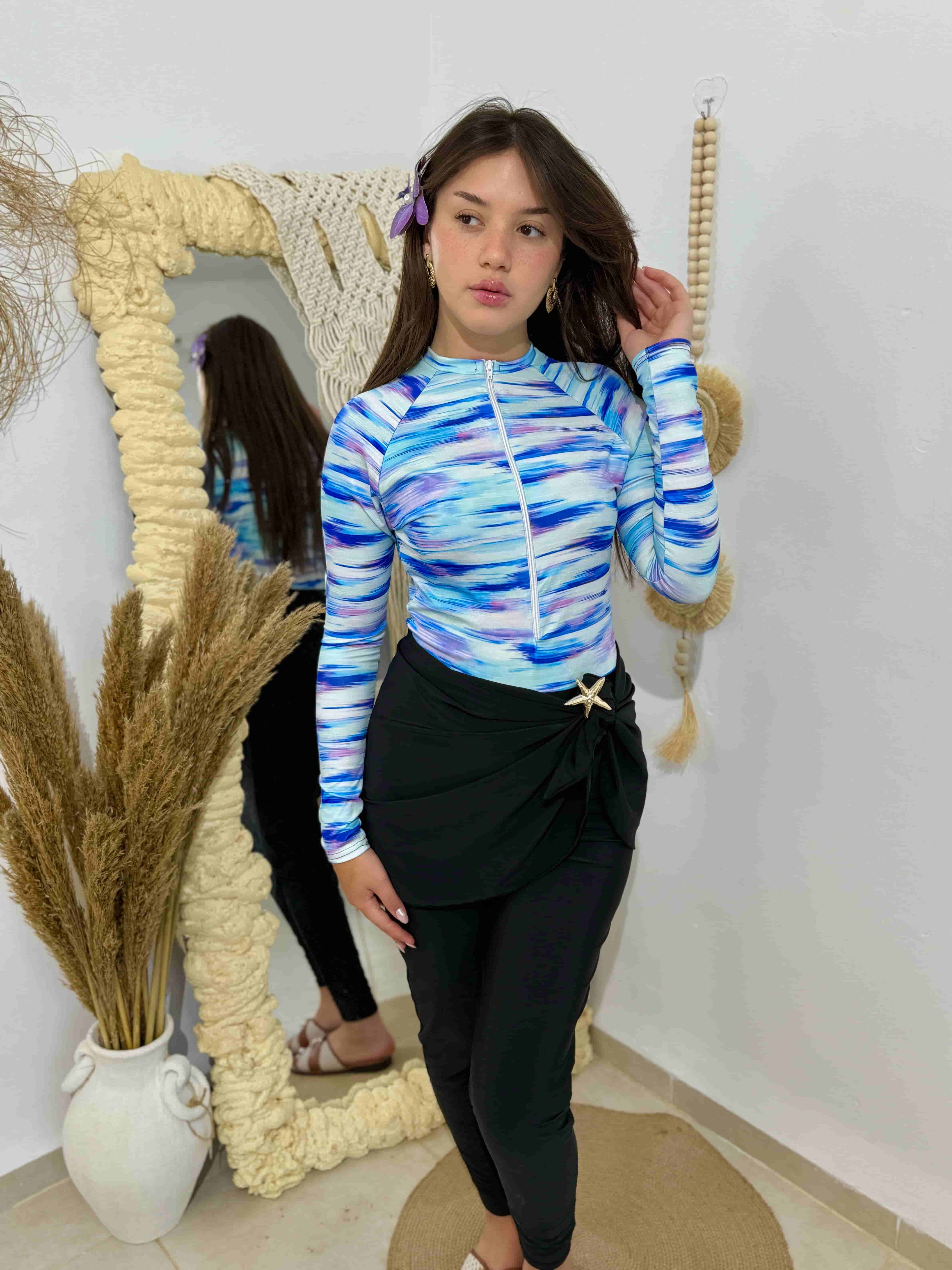 burkini hijab bleu+ pareo noir