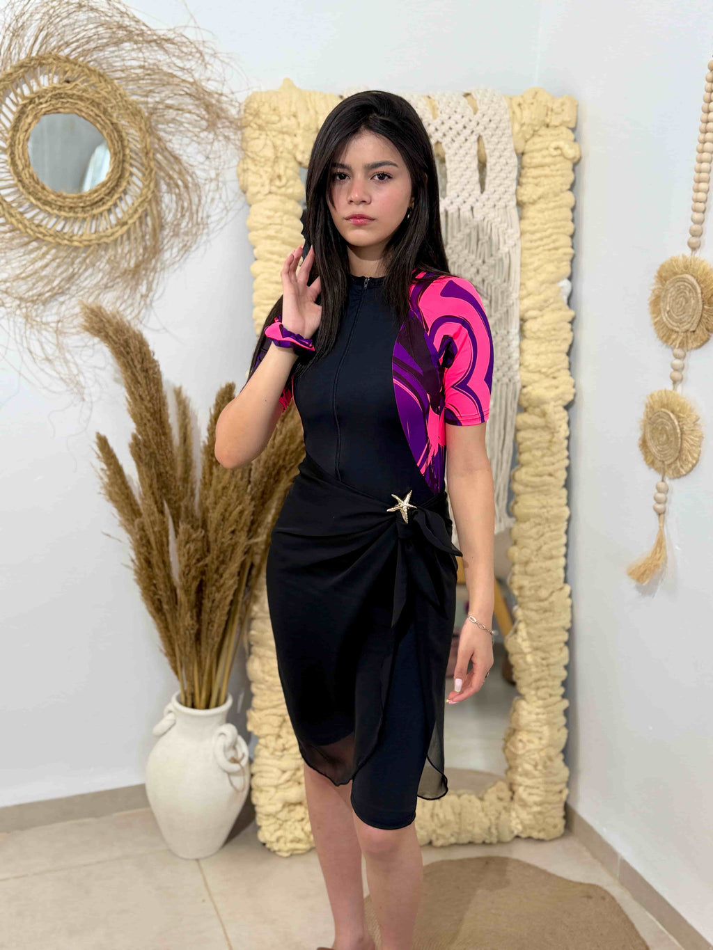 burkini rose demi manches +pareo noir