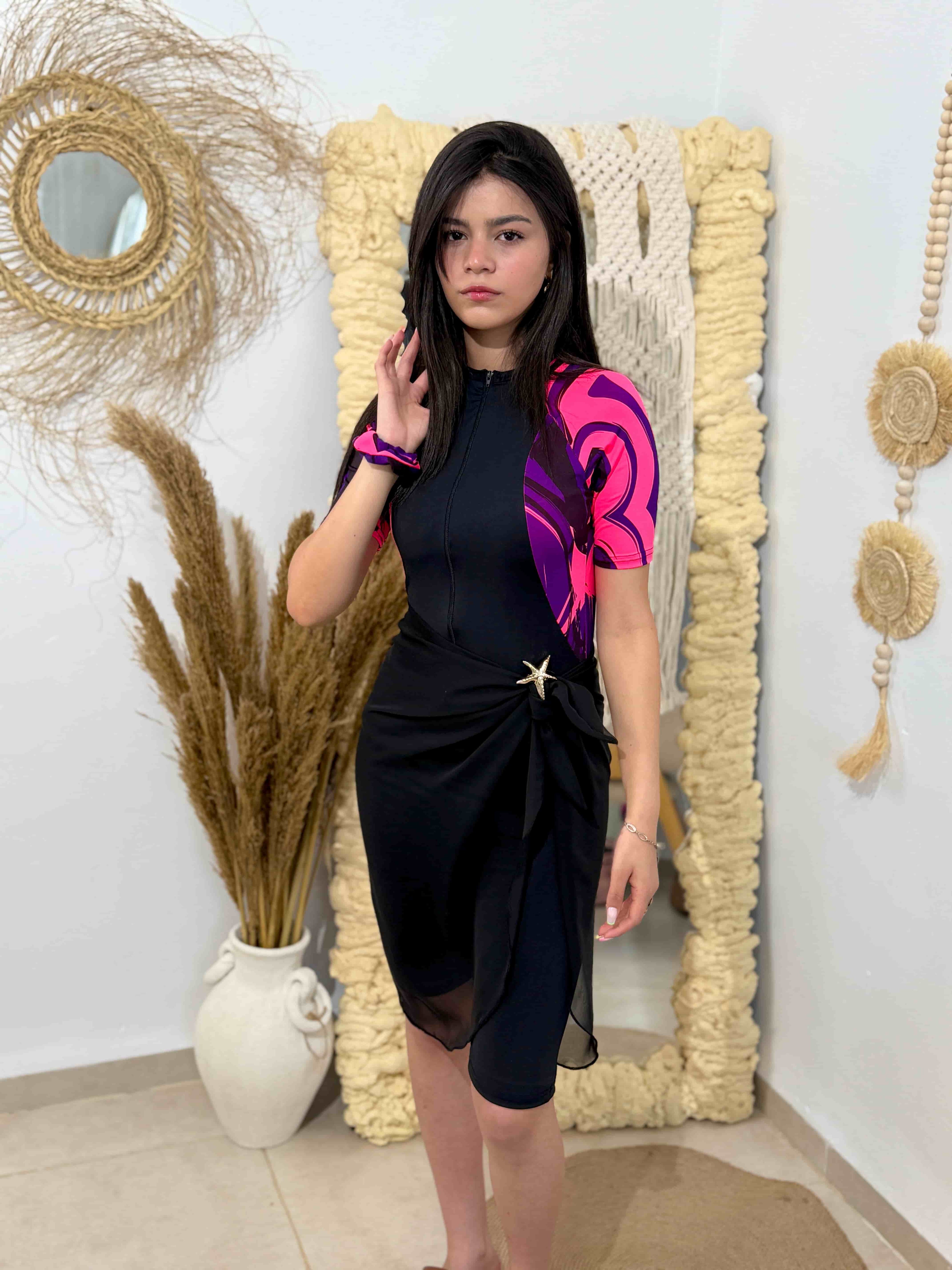 burkini rose demi manches +pareo noir