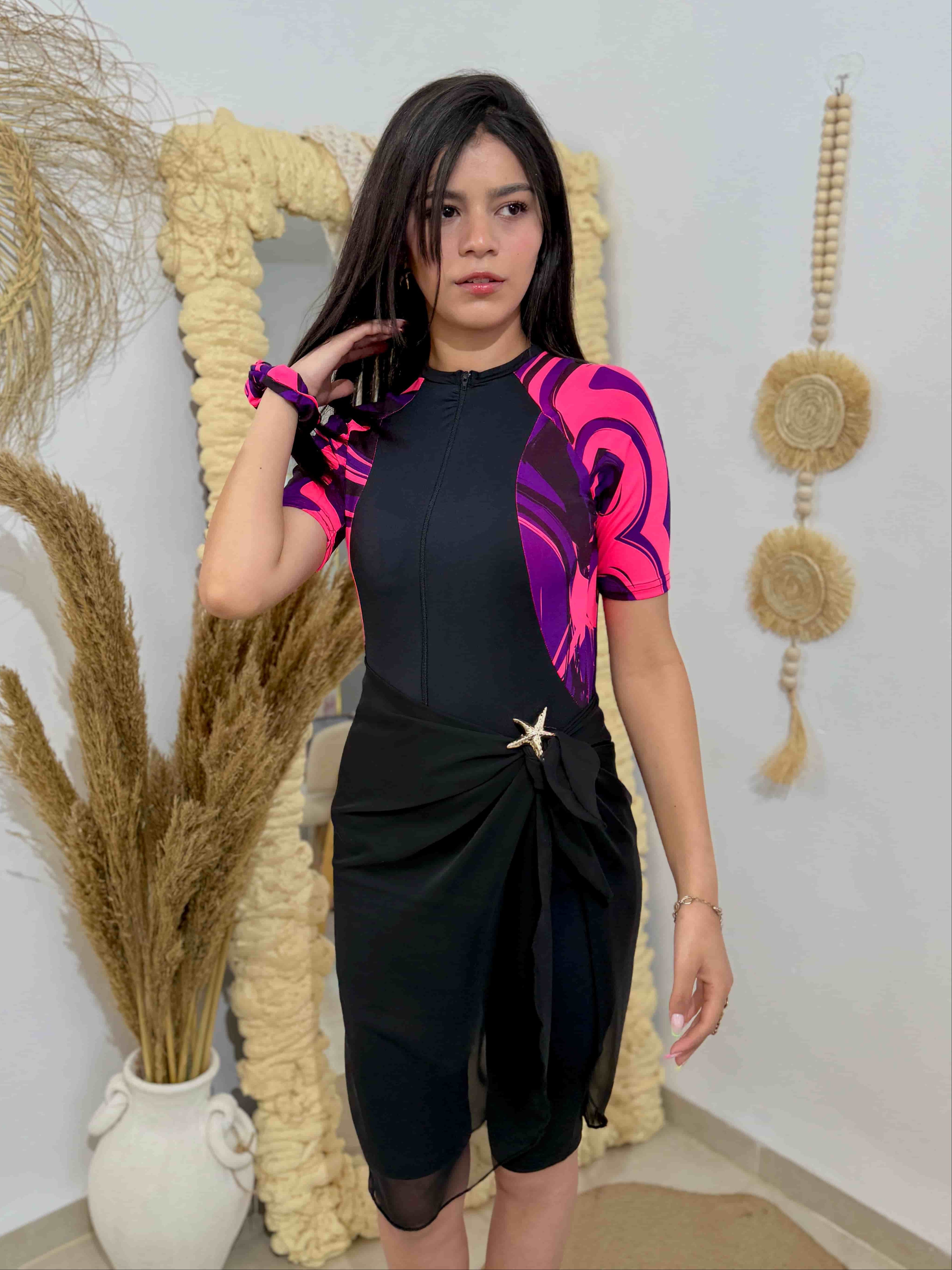 burkini rose demi manches +pareo noir