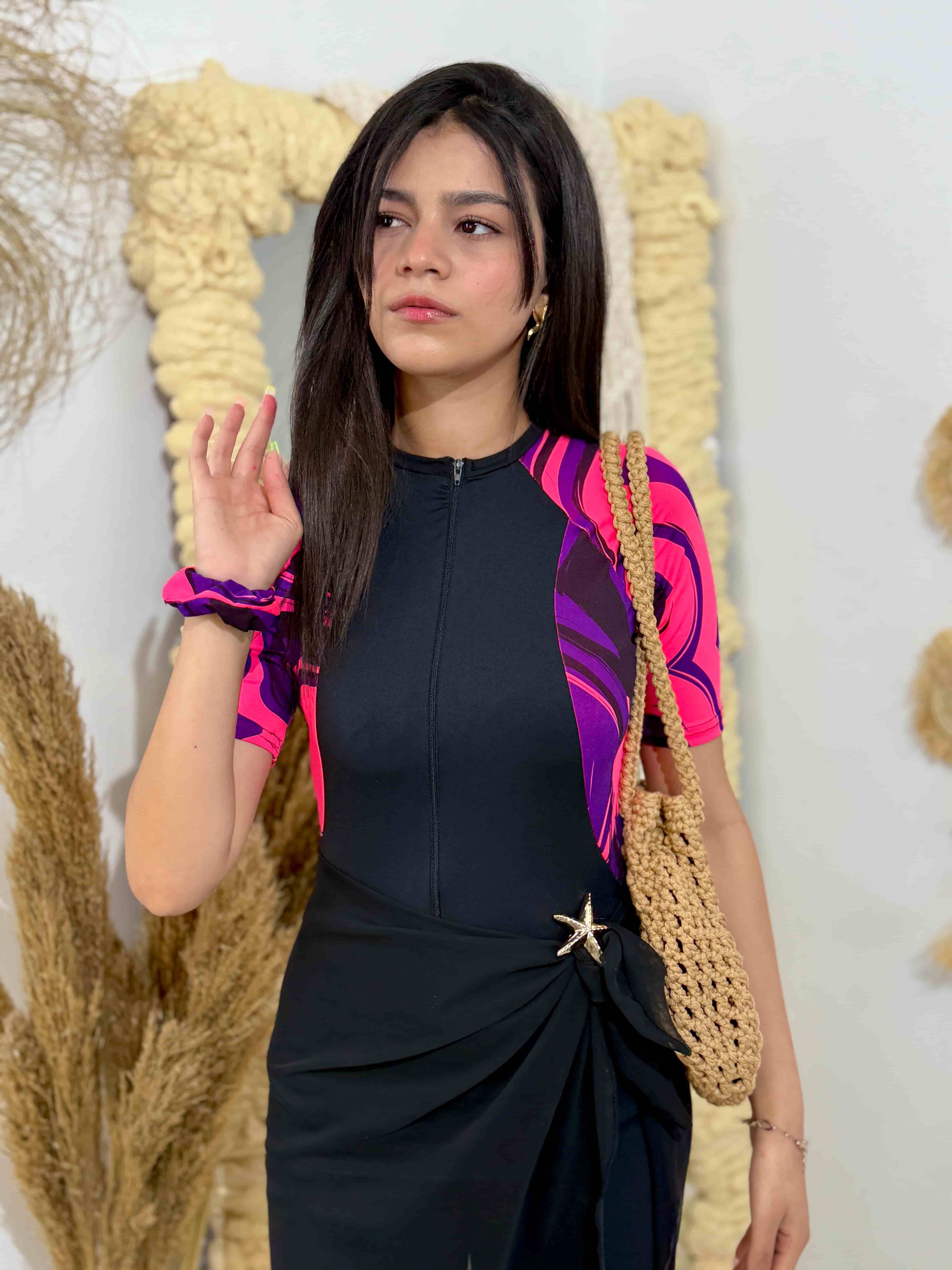 burkini rose demi manches +pareo noir