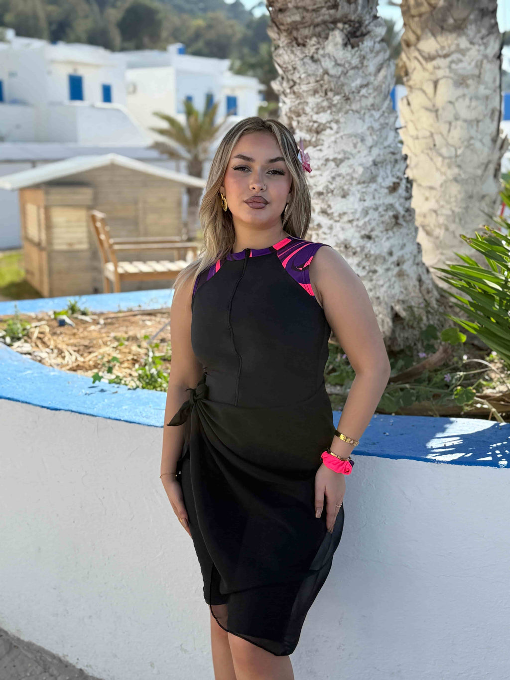 burkini rose sans manches + pareo noir