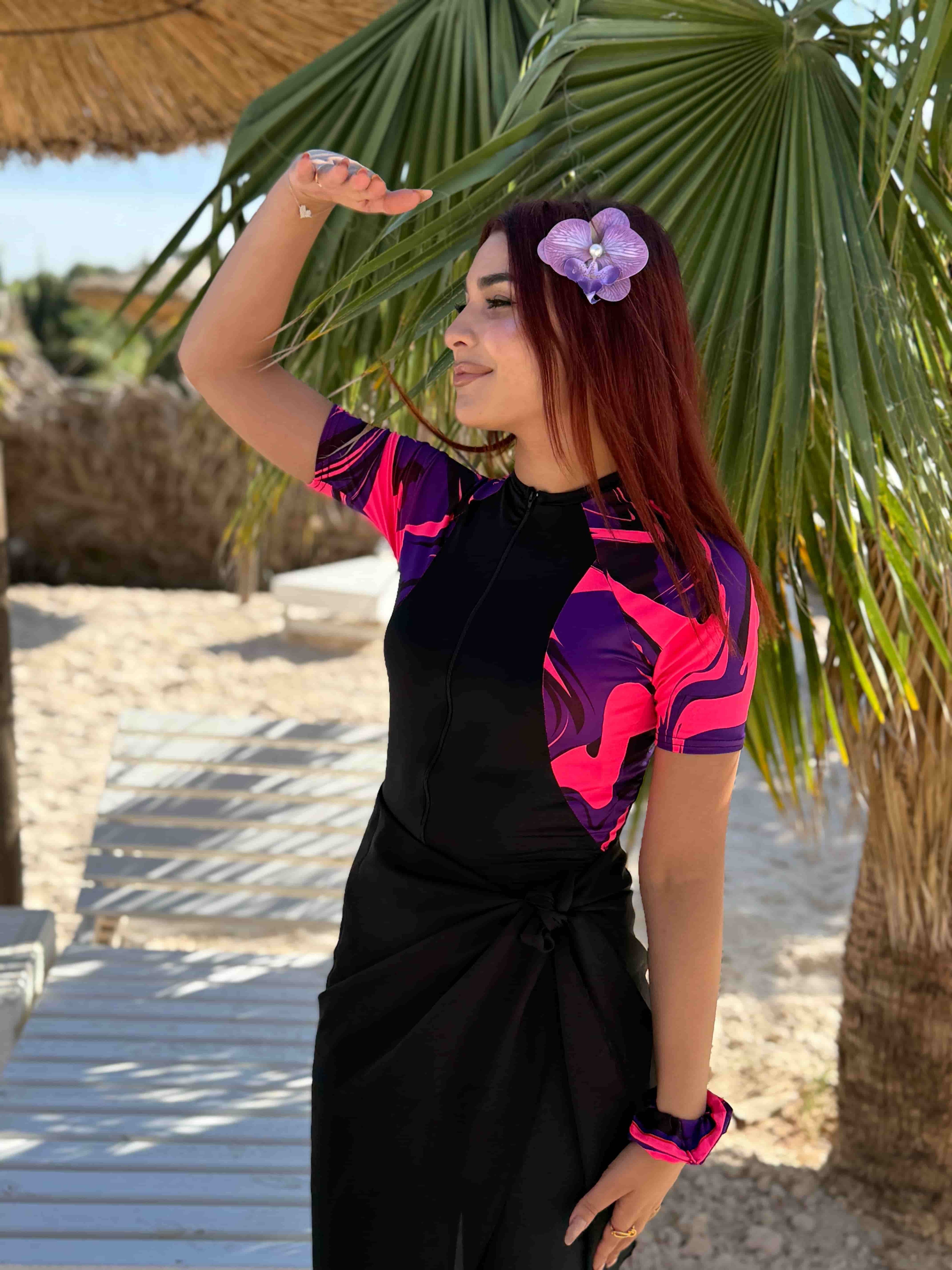 burkini rose demi manches +pareo noir