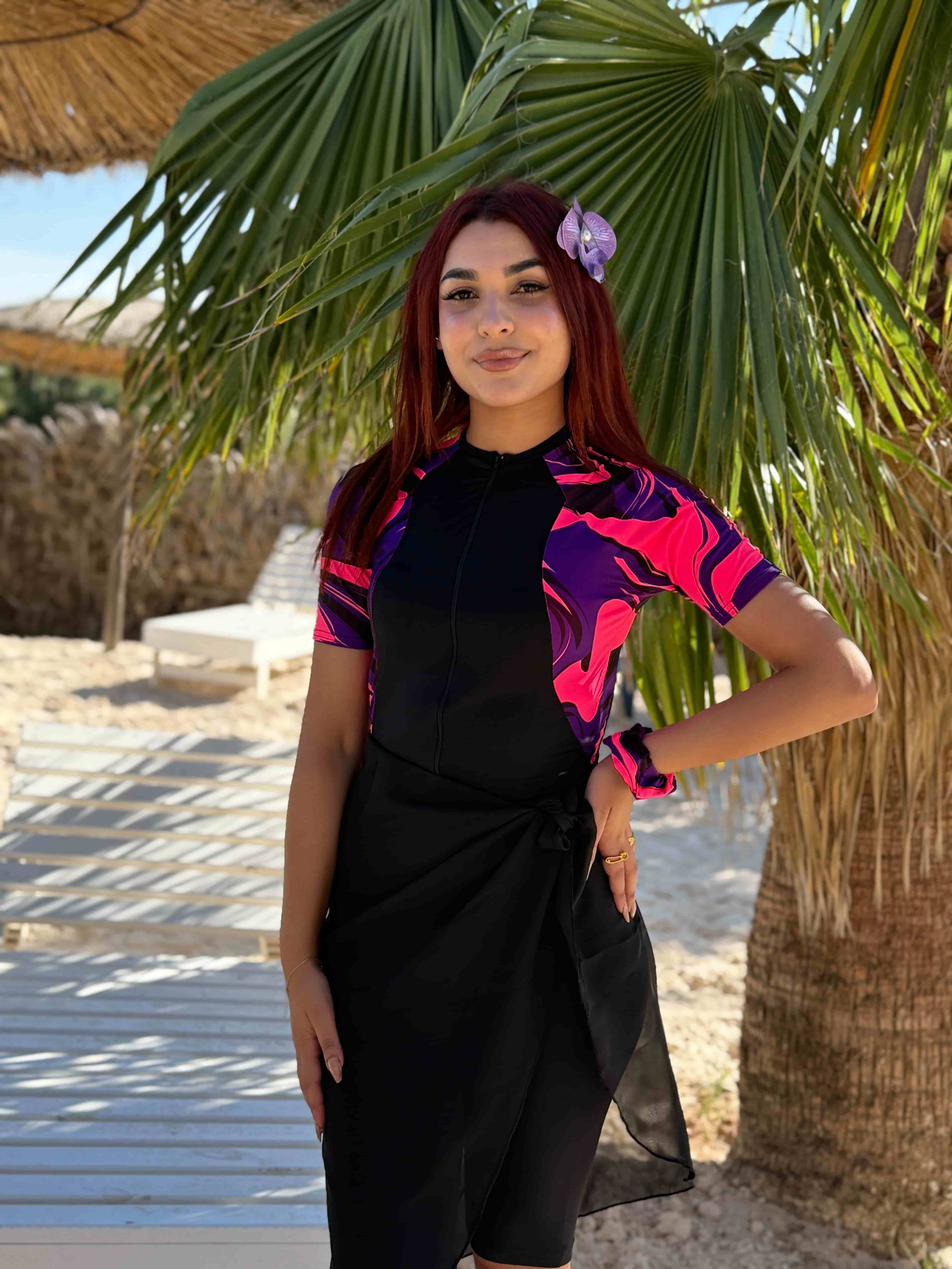 burkini rose demi manches +pareo noir