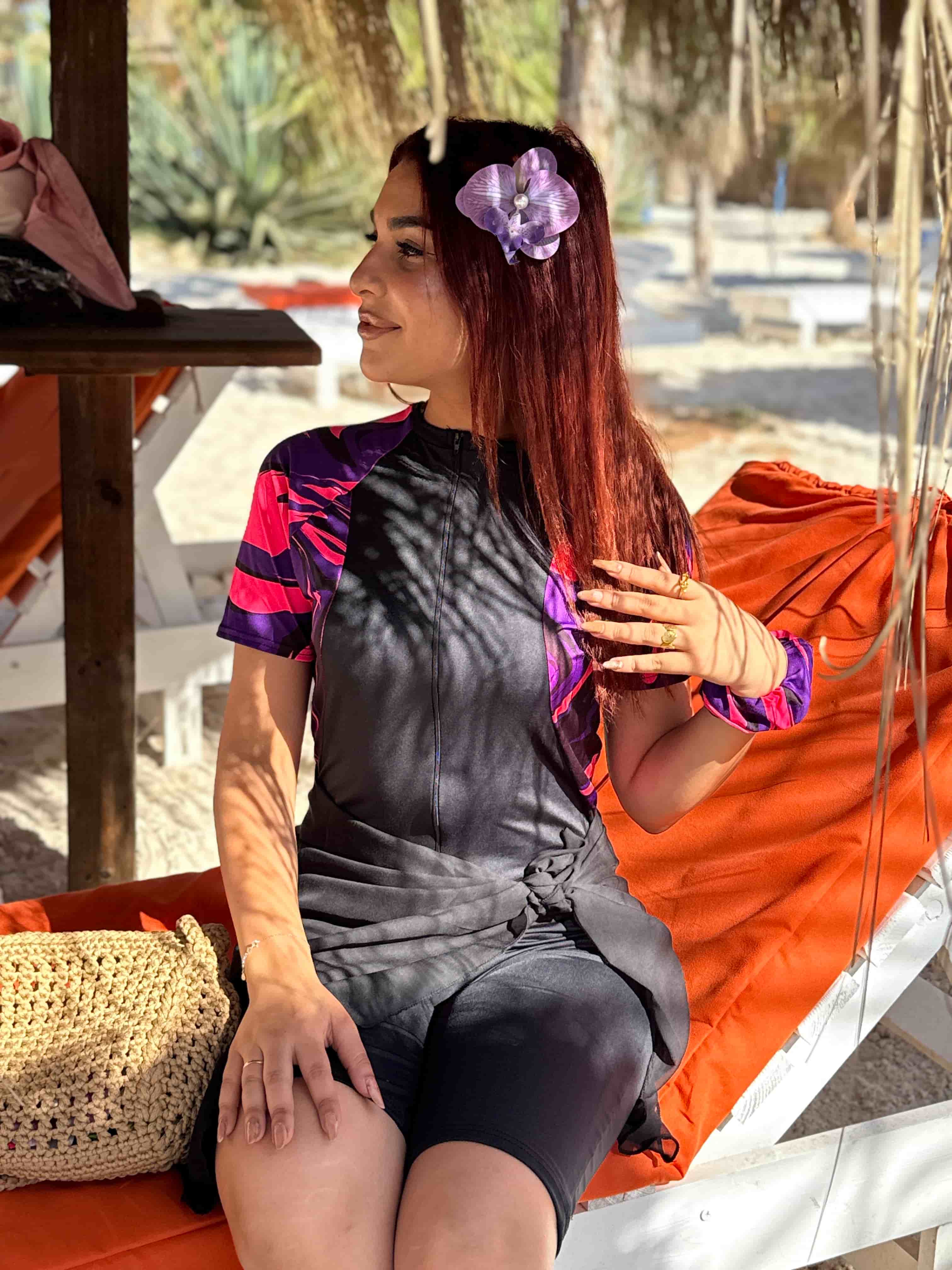 burkini rose demi manches +pareo noir