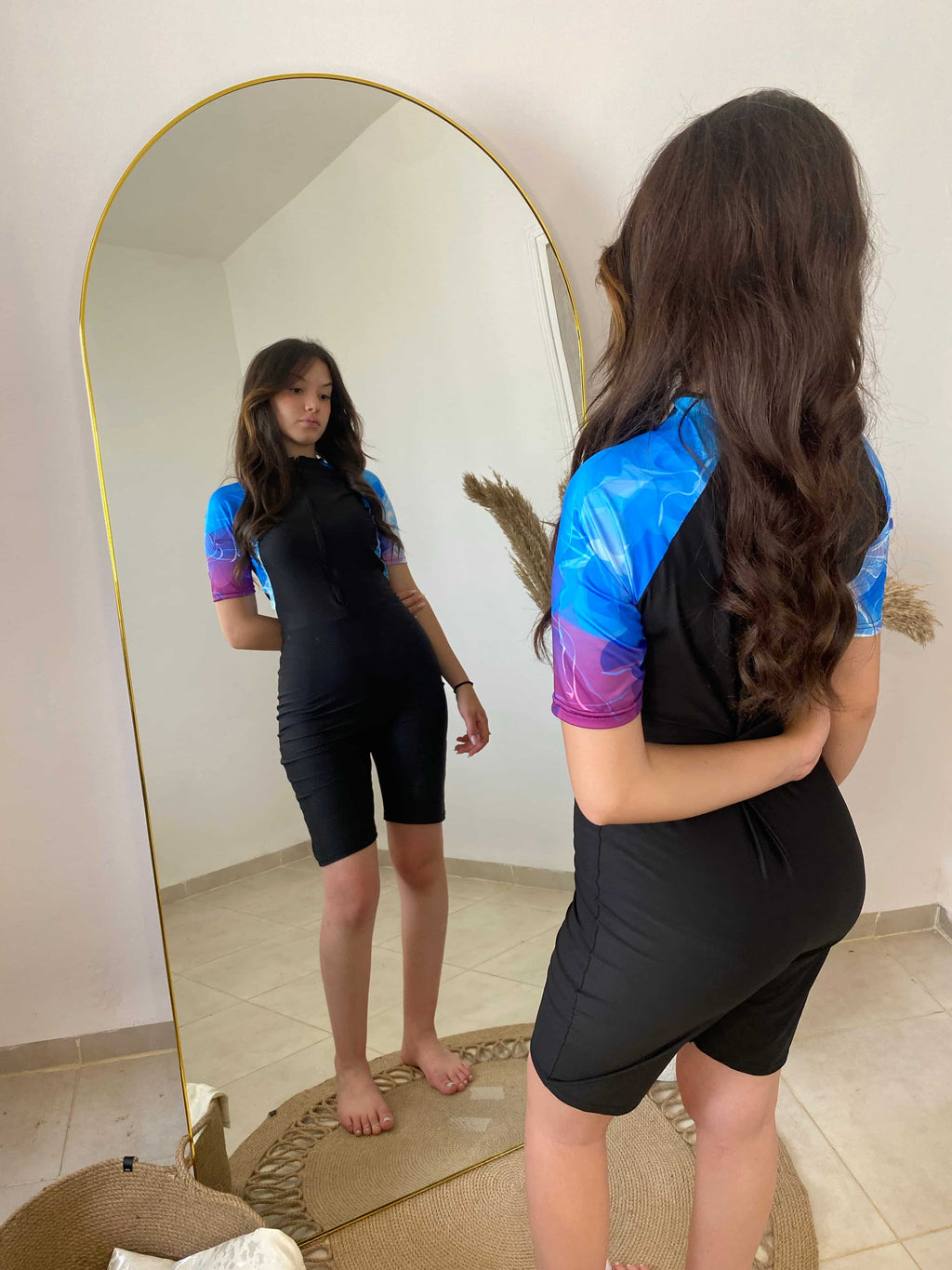 burkini bleu sky demi manches + pareo noir