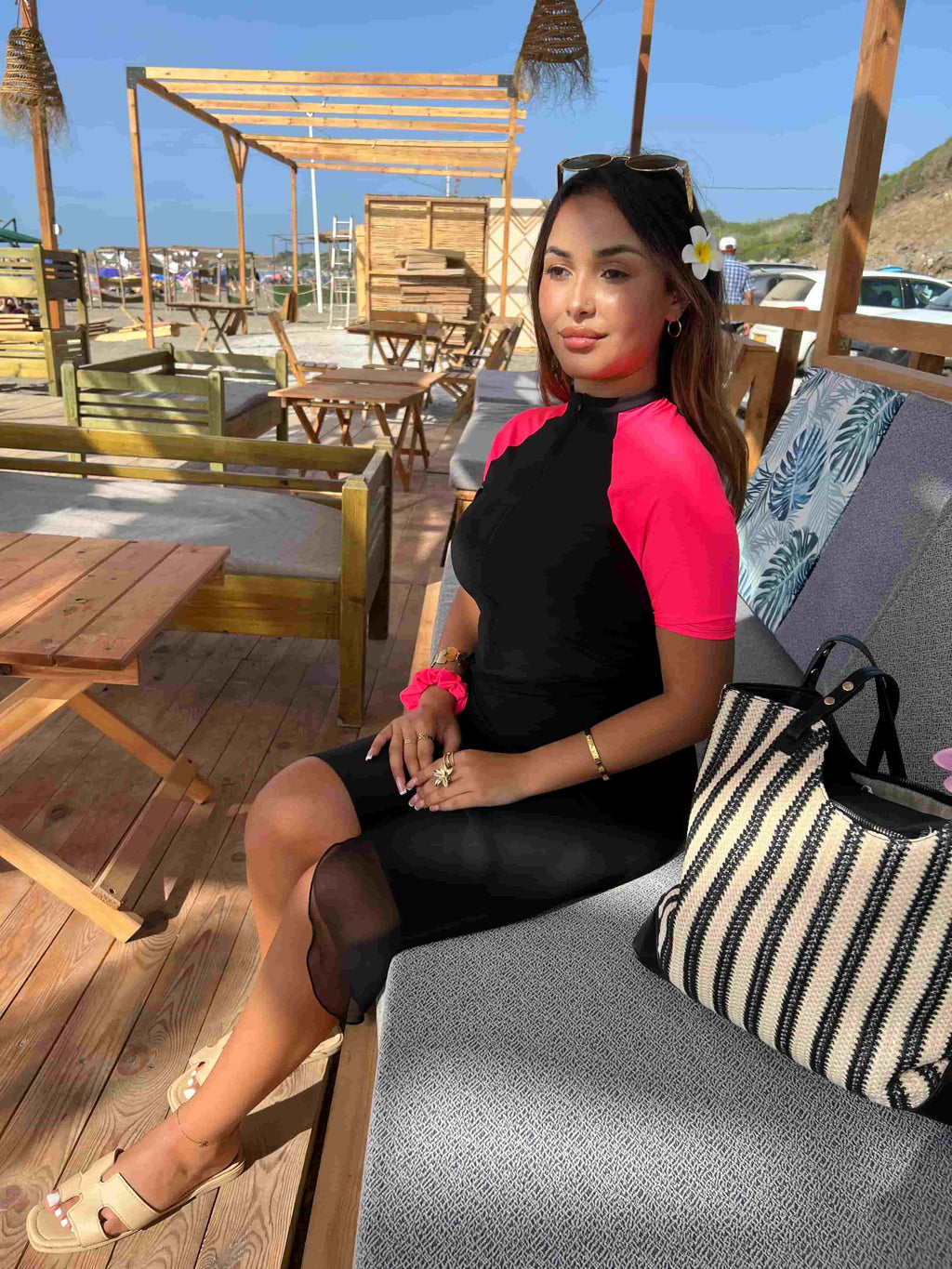 burkini pink splash + pareo foulard noir